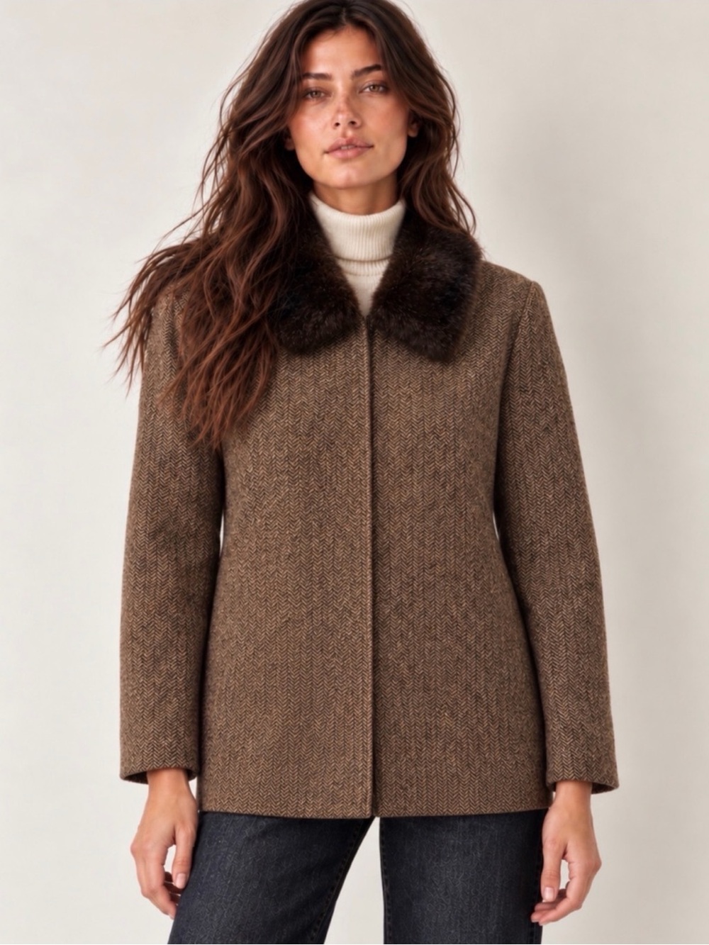 Vintage Talbots Brown Herringbone Tweed Jacket Detachable Faux Fur Collar
